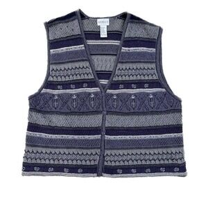 Vintage Knit Vest Patterned Wool Blend Purple Flowers Womens Size Large
